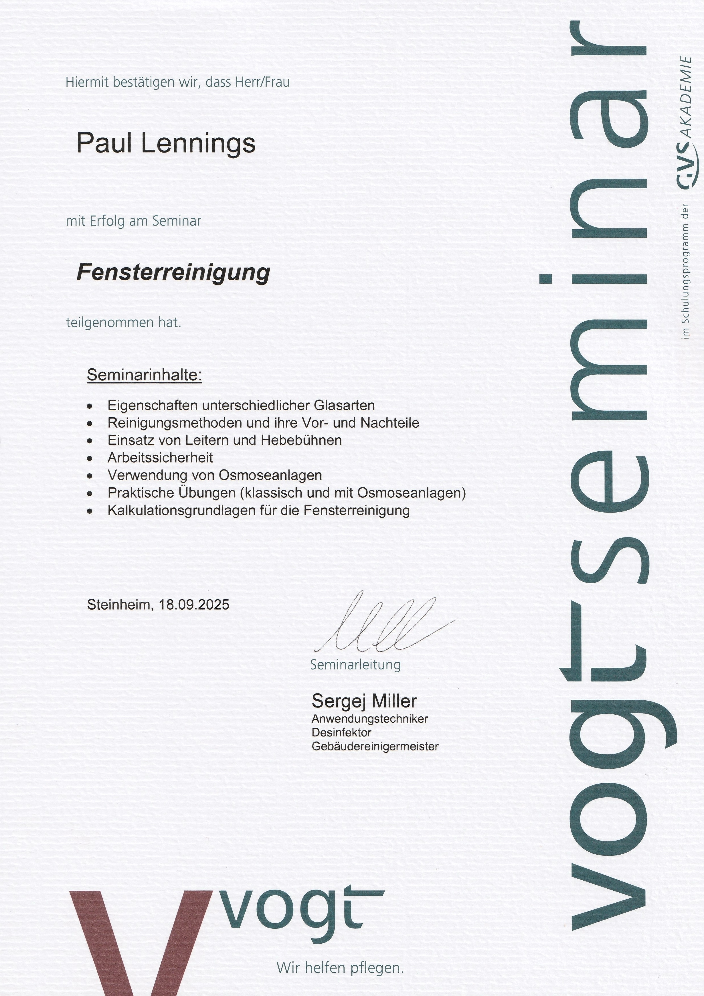 Zertifikat Fensterreinigung – Vogt Seminar
