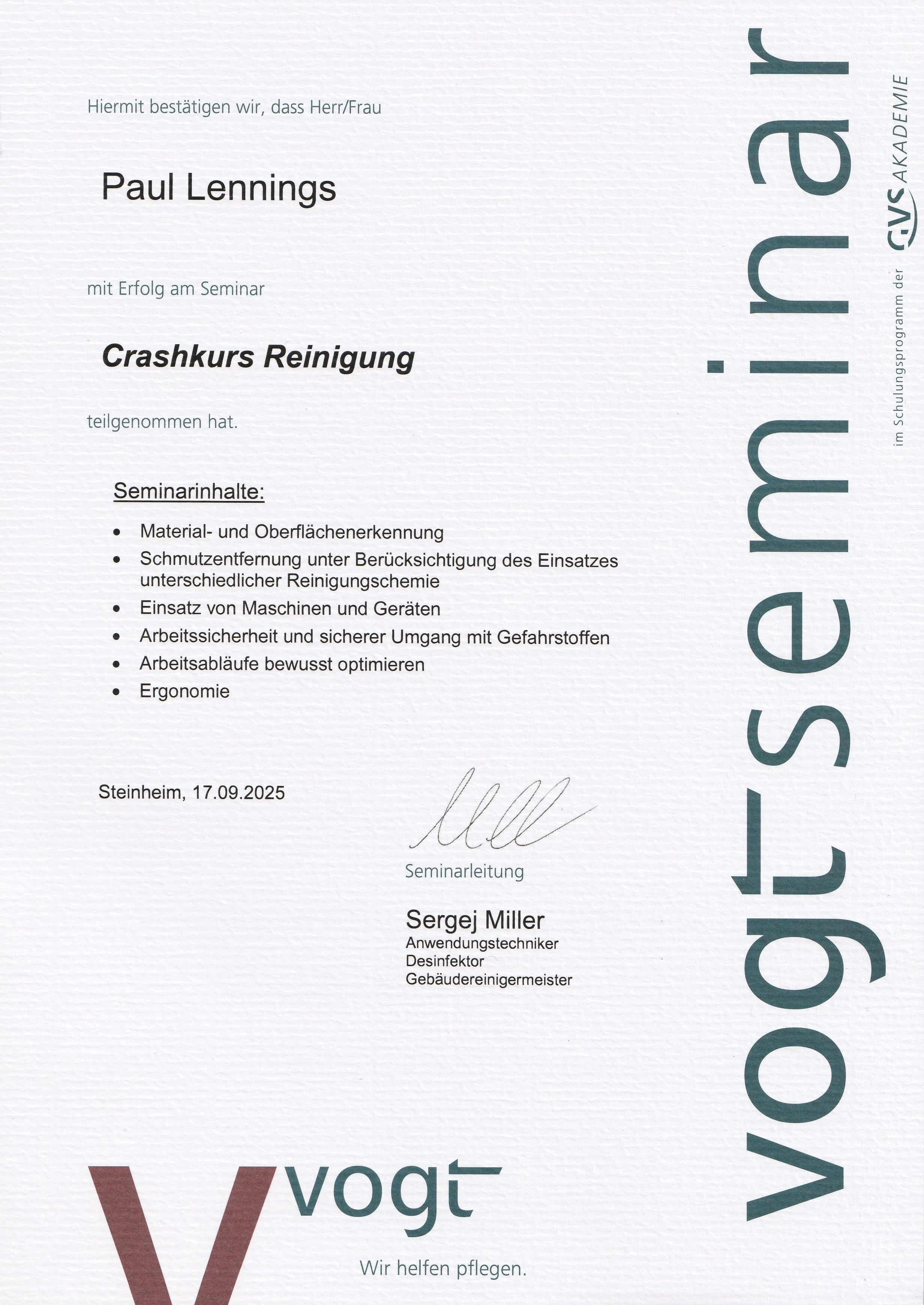 Zertifikat Crashkurs Reinigung – Vogt Seminar